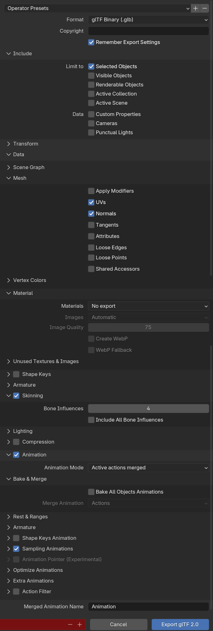 export settings for animated meshes.