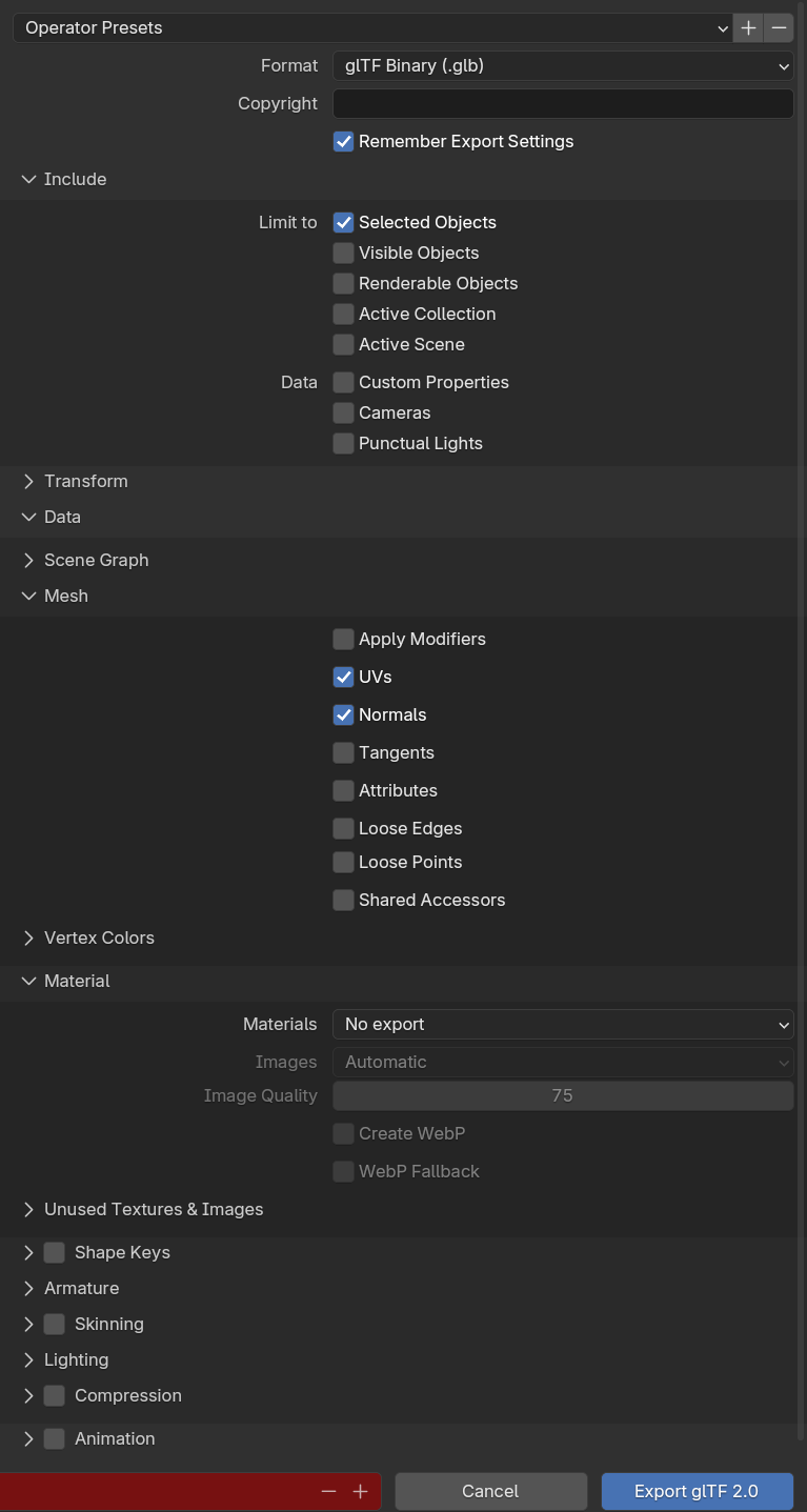 export settings for static meshes.
